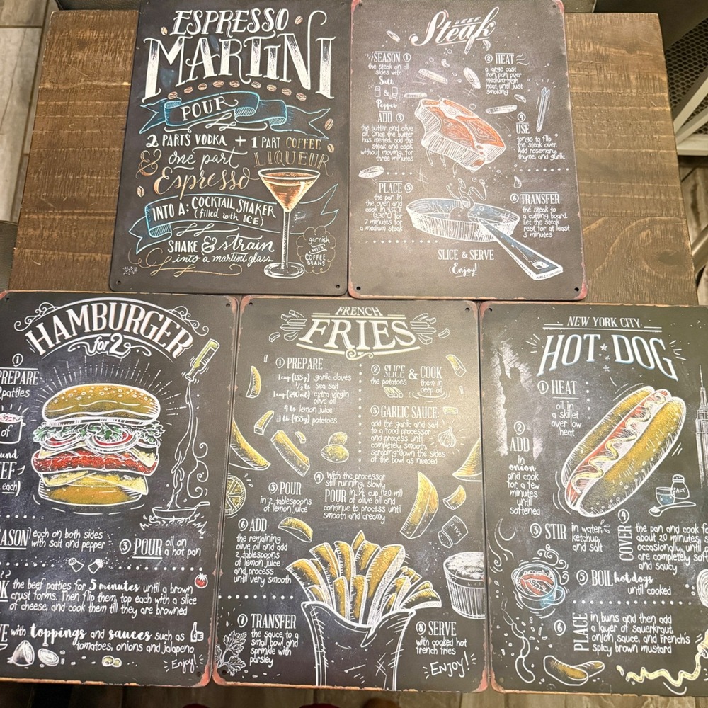 5PC Metal Tin Sign Set Multicolor Excellent Chalkboard Recipe Art